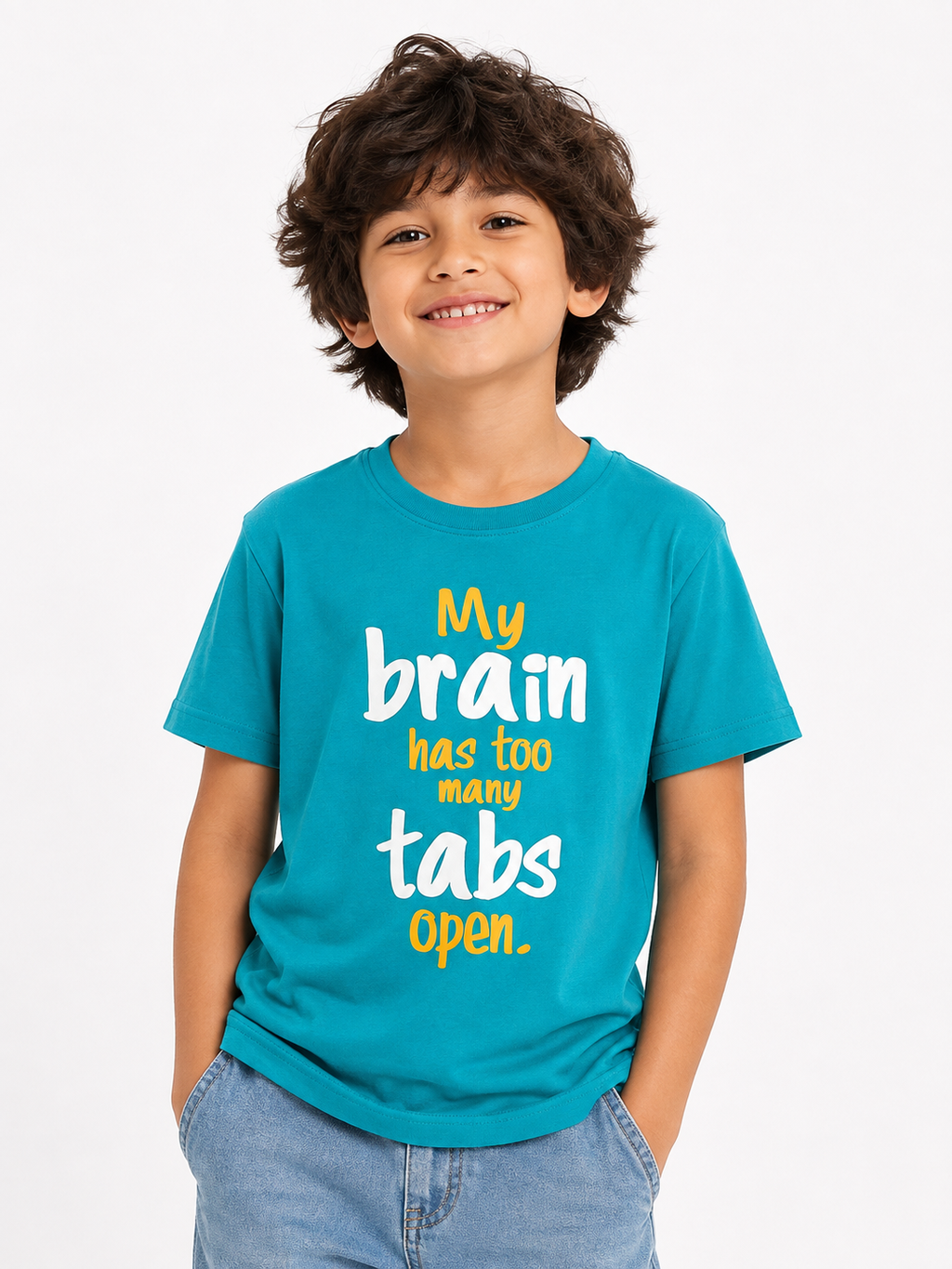 Threads Mark Kids "My Brain Has Too Many Tabs Open" Graphic Cotton T-Shirt – Turquoise Blue
