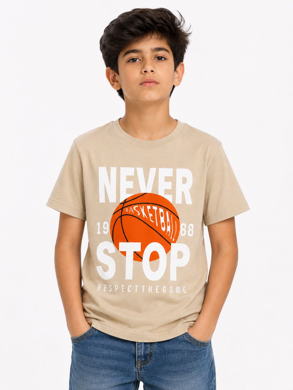 Threads Mark Kids Never Stop Basketball Graphic Cotton T-Shirt – Beige