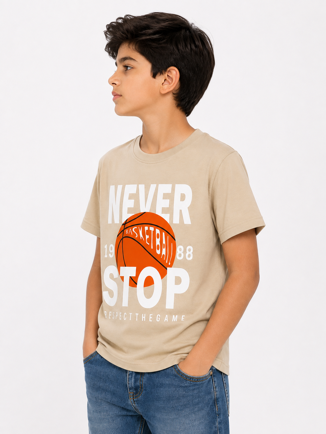 Threads Mark Kids Never Stop Basketball Graphic Cotton T-Shirt – Beige