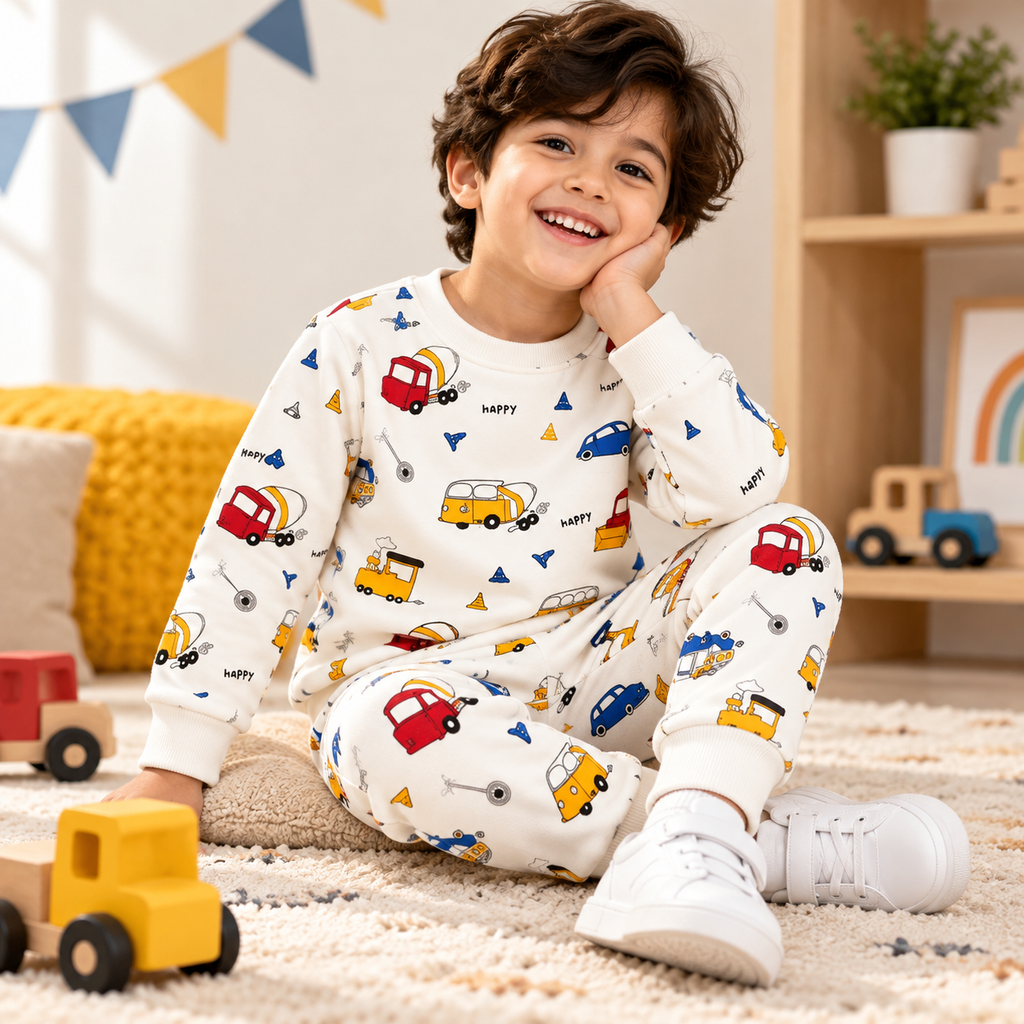 Kids’ Vehicle Print Winter Sweatshirt & Jogger Set | Cozy 2-Piece Outfit