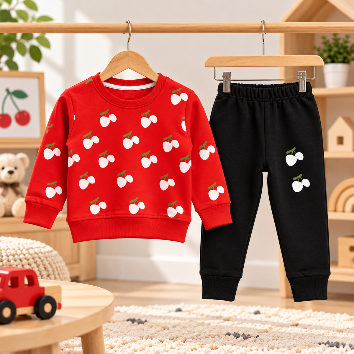 Kids’ Cherry Print Sweatshirt & Jogger Set | Cozy 2-Piece Winter Outfit