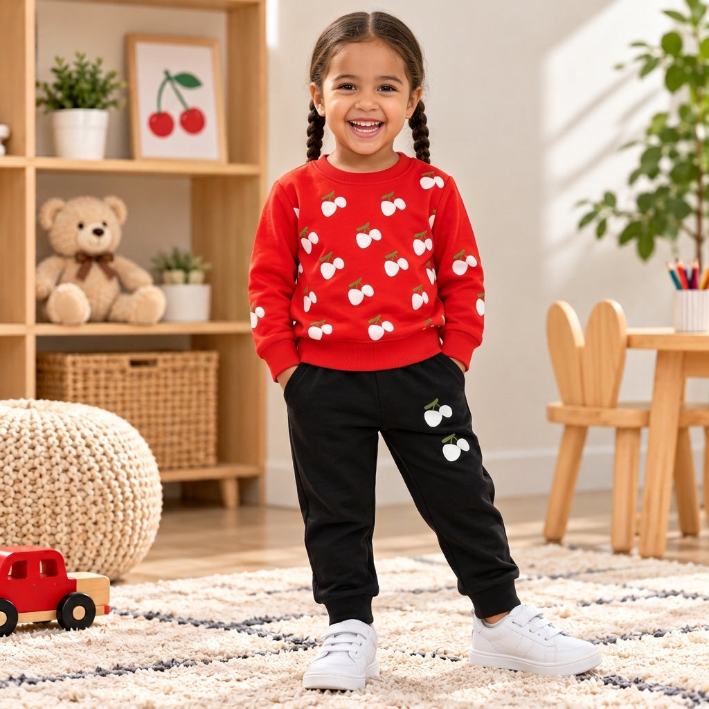 Kids’ Cherry Print Sweatshirt & Jogger Set | Cozy 2-Piece Winter Outfit